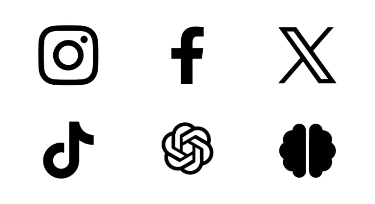 Íconos de Instagram, Facebook, X, TikTok, OpenAI y un cerebro que representa la IA: quién es el dueño de las fotos en redes sociales