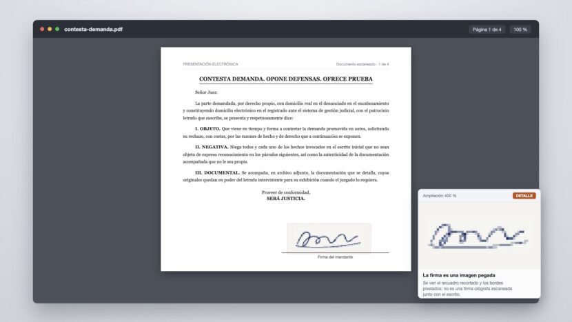 Firma copiada en escritos judiciales: imagen pegada sobre un escrito escaneado y presentado electrónicamente