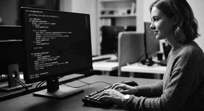 Registro de software en Argentina: programadora escribiendo código en una computadora