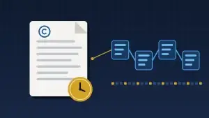 Documento con símbolo de copyright, sello de tiempo y cadena de bloques: validez legal de Safe Creative en Argentina